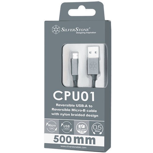 Silverstone CPU01C-500 Charcoal Reversible USB-A to Reversible Micro-B Cable - Picture 2 of 3