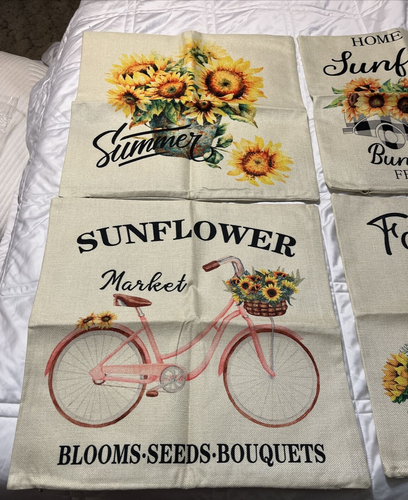 4 Piece 18 X 18" Linen Sunflowers Farmhouse Summer 4 Different Patterns Beautifu - Picture 2 of 10