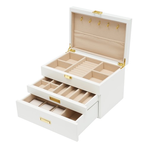 Caja de almacenamiento de joyas de madera grande organizadora de 3 capas gabinete de 2 cajones - Imagen 15 de 40