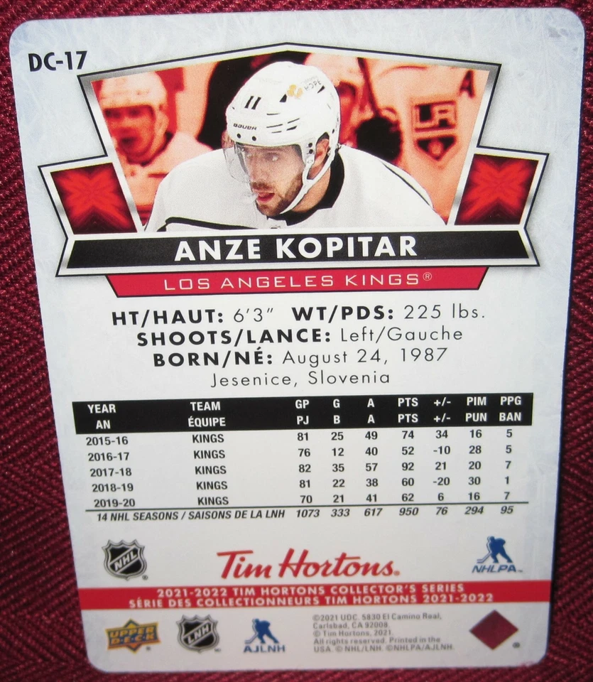 2021-22 UPPER DECK TIM HORTONS RED DIE CUT #DC-17 ANZE KOPITAR - Image 2 of 2