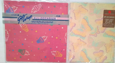 Vintage Cleo American Greetings Gift Wrap Butterflies Ice Cream Cones Lot of 2 