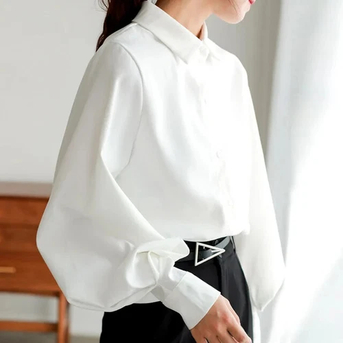 Women Puff Sleeve Button Down Shirt Lady Casual Loose Shirt Blouse Top Asian sz - Foto 26 di 26