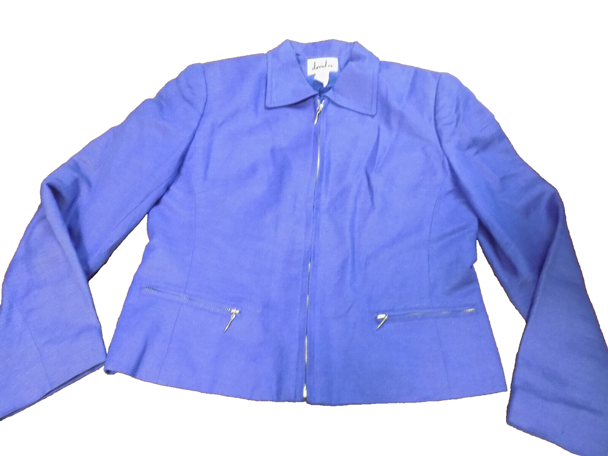 Womens Vtg David Linen Jacket Blazer Cornflower Blue Full Zip