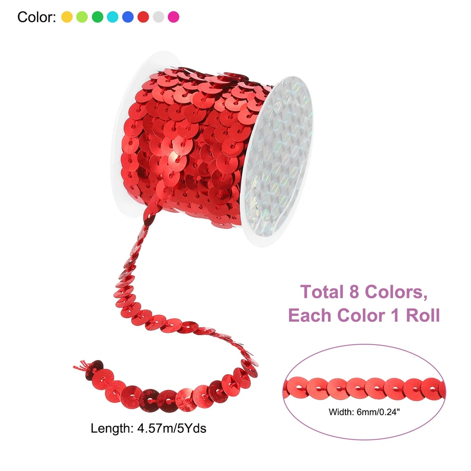 8 Colores 40Yds Tira de Lentejuelas Planas 6mm Lentejuelas Lentejuelas Cuerda Rollo Foto 2 de 4