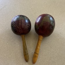 Vintage Pair of 2 Wooden Maracas Instrument Hand Carved