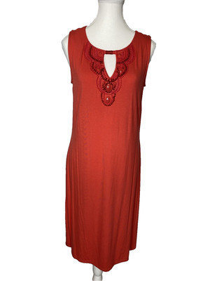 NEW Dana Buchman Tropical Beat Dress Medium Coral Beaded Sheath Cutout Stretch