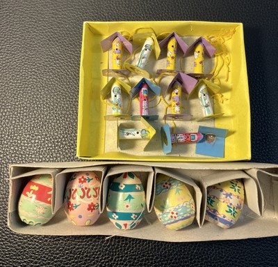 Vintage Wooden Painted Easter Egg Set Of 5 Ornaments & 10 Mini Metal Birdhouses