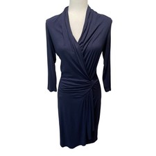 Karen Kane Cascade Faux Wrap Dress Sz S Navy 3/4 Sleeves Minimalist Career Chic