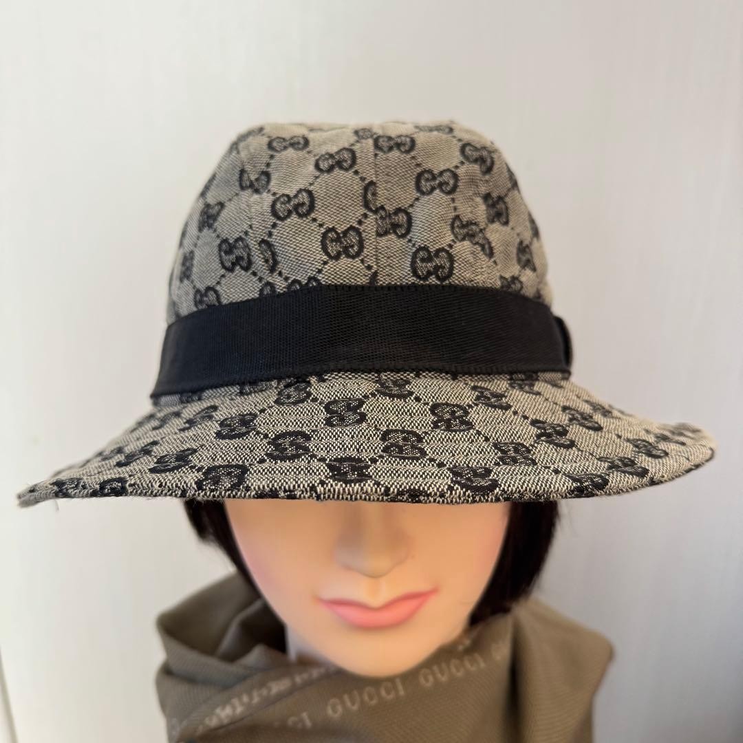 Gucci Fedora Bucket Hat GG Canvas Black Gray Women Authentic thumbnail 22