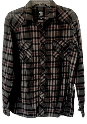Route 66 Flannel Shirt XL Western Cowboy Pearl Snaps Gray Plaid Untucked Style