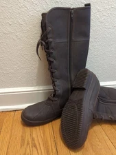 Womens Clarks Tall Canvas Rubber Field Boots Brn Leather Trim Faux Fur Sz 10