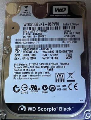 WD Scorpio Black 320GB 2,5'' Low-Mileage 7550 h (WD3200BEKT-08PVMT1) 7200RPM HDD