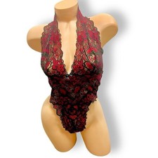 Vintage Y2K Fredericks of Hollywood red black low cut lace teddy sz L stretchy