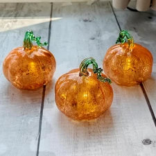 Set of 3 Lighted Glass Pumpkins 2.5" Gold Fall Halloween Table Centerpiece