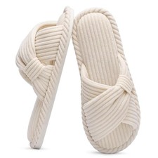 Fall House Slippers for Women Corduroy Cross Bow Indoor Slippers 8-8.5 Beige