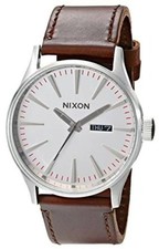 NIXON A105-1113 SENTRY LEATHER Watch SILVER BROWN