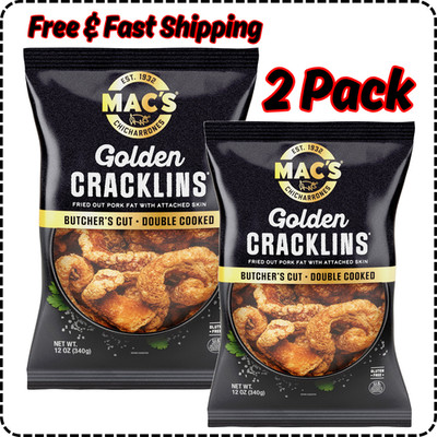 Mac's Chicharrones Golden Cracklin Curls, Fried Pork Fat with Skin, 12 oz, 2Pack
