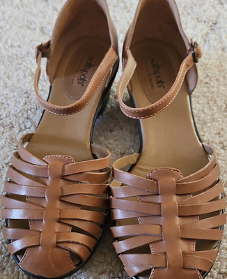 Softspots Women s Brown Leather Strappy Ankle Strap Wedge Sandals Buckle 10M