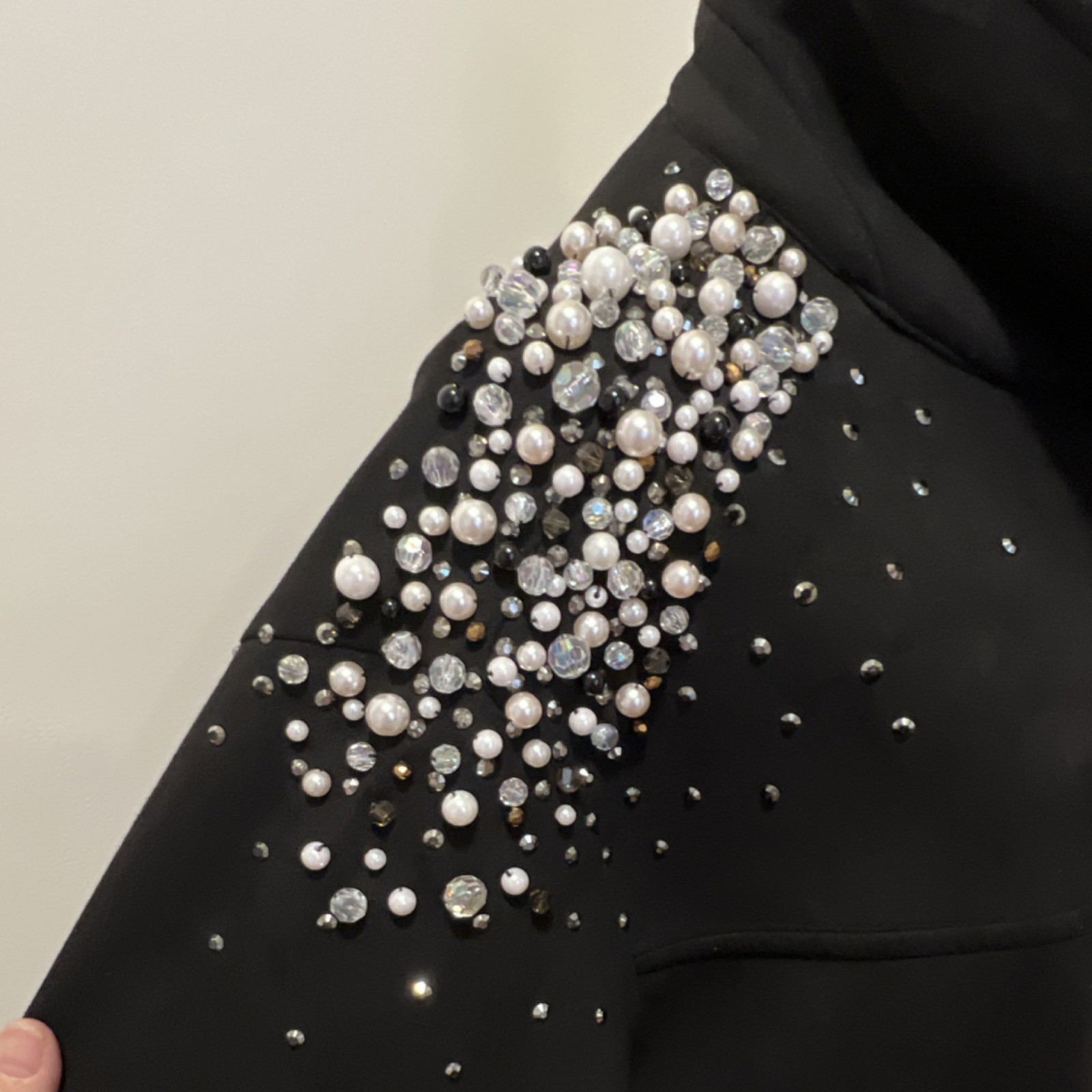 Black beaded sequin jacket with structured collar… - image 2