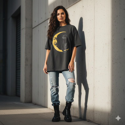Cat Moon Graphic T-Shirt Vintage Art Style Black Premium Tee - S115