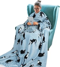Fleece Wearable Blanket with Sleeves Pocket Fleece Warm TV Blanket Gift Adults