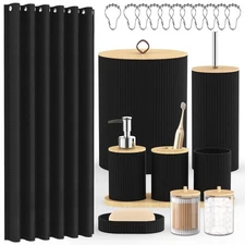Bathroom Accessories Set 22pcs Black Shower Curtain Trash Can Toilet Brush So...