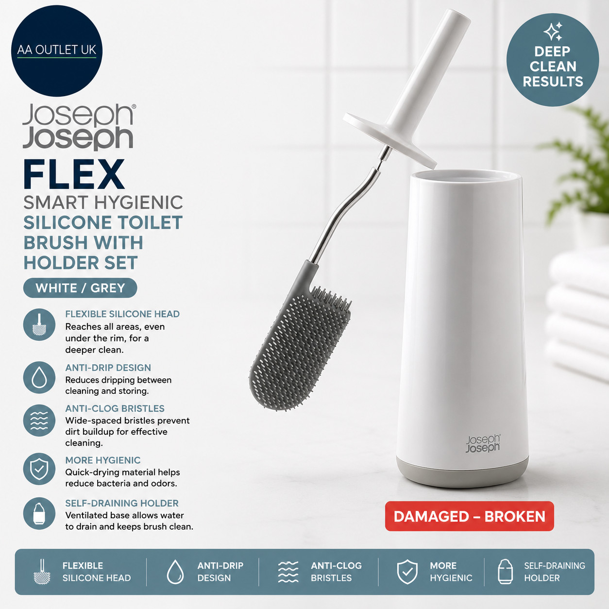 Joseph Joseph Flex Smart Hygienic Silicone Toilet Brush Holder Set Flexible