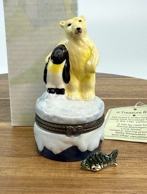Porcelain Hinged Trinket Box Polar Bear With Penguin
