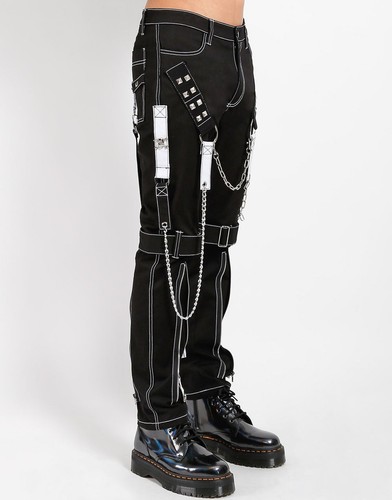 Gothic Pants Black – White Stitching, Straps, Chains, Zippers – Unisex Fit - Picture 2 of 4