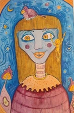 Watercolour Woman Painting Expression Weathercolor A4 Abstract Naive Painting Signed