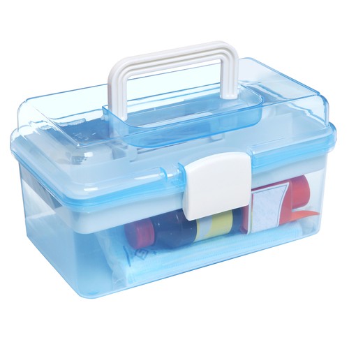 Clear Light Blue Plastic Multipurpose Handled Storage Box w/Removable Tray - Picture 6 of 7