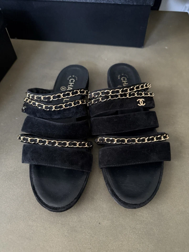 Chanel Black Suede Chain Sandals Size 41 - Image 2 of 4
