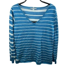 Smartwool Women's Blue Merino Wool Striped Sweater Size XL V Neck Pull Over