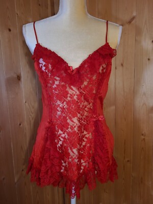 Vintage Alana Gale Intimates Lingerie Red Chemise Baby Doll top Lace Trim M