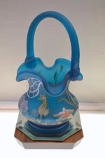 Fenton BASKET Turquoise Satin OCEAN LIFE Engraved GEORGE & NANCY '07 FREEusaSHP