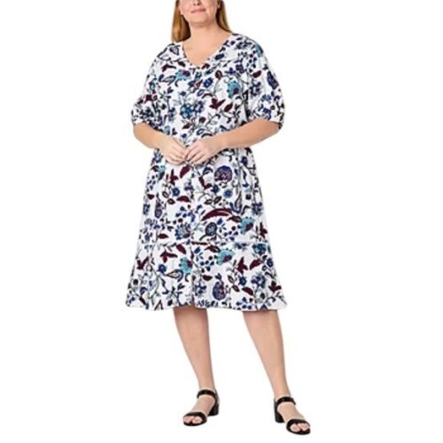 Robe en lin femme Liz Claiborne taille 18 blanche fleurie manches courtes ligne A NEUVE - Photo 2 sur 14
