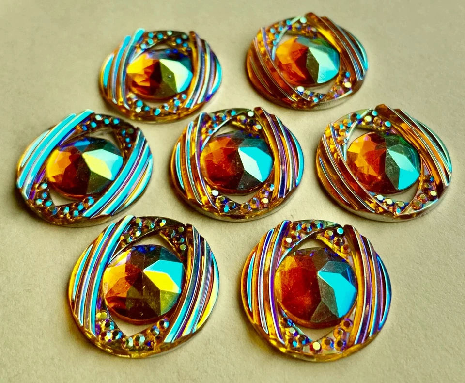 6pcs Yellow Round Iridescent Resin Rhinestone Cabochons Flat Back 18mm Foto 4 de 4