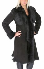 Ladies Sheepskin Coat 3/4 Length Long Toscana Shearling Suede Finish Black