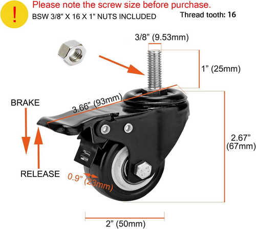 2" Stem Caster Wheels with Safety Dual Locking 600Lbs Heavy Duty Threaded Stem C - Picture 2 of 12
