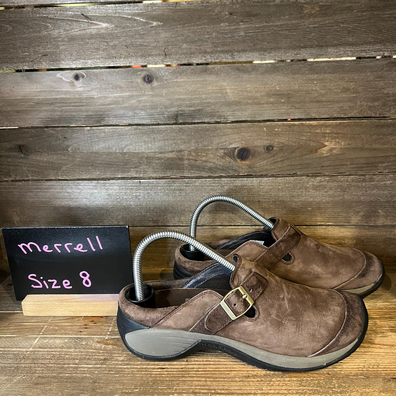 Scarpe zoccoli donna Merrell Encore fibbia pelle marrone slip on mules taglia 8 M