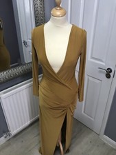 Ladies gold wrap front ruched long maxi dress size 6 from Prettylittlething BNWT