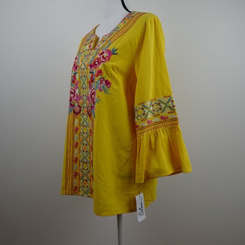 Calessa Embroidered Tunic Top Women's Size M Yellow Loose Fit V-Neck - Picture 3 of 8