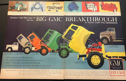 1960s GMC Trucks - Vintage Original Color 2-Page Print Ad / Wall Art - CLEAN
