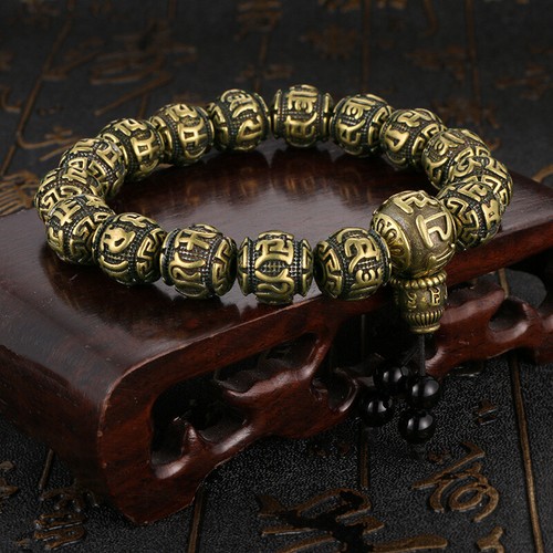 Brass Obsidian Bracelet Men's Handmade Six Character Authentic Antique Jewelry - Picture 8 of 23