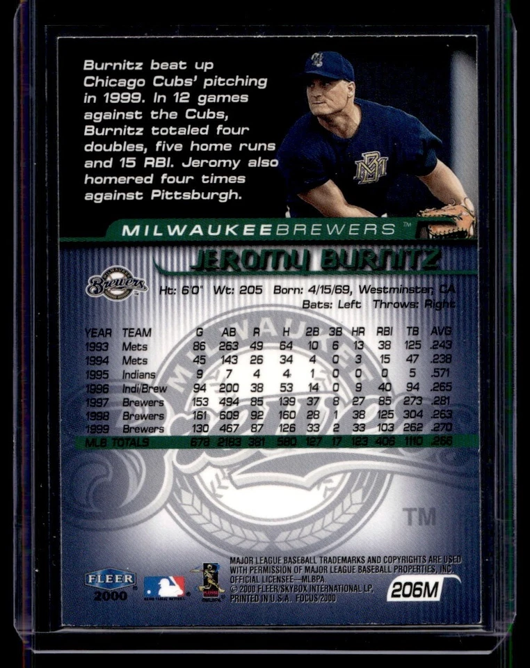 Fleer Focus 2000 error lámina púrpura falta 1/1 Jeromy Burnitz #206M Foto 2 de 2