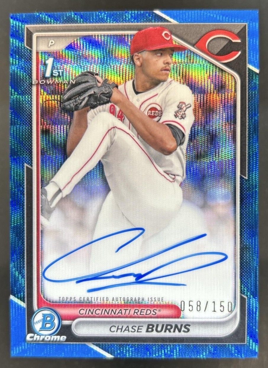 2024 Bowman Draft Chase Burns Chrome Auto Blue Wave Refractor 1st #/150 Reds