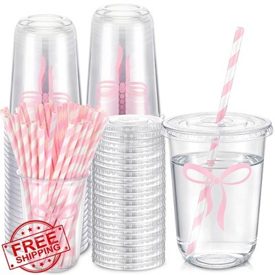 LemonRoad Pink Bow Cups 50 Sets 16oz Lids Straws