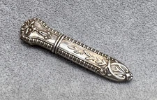 19c. Art Nouveau French Sterling Silver Sewing Needle Case Holder Leaves Floral