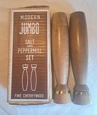 Vintage MCM Cherrywood Salt  Pepper Mill Set Atomic Era Jumbo Wood Grinders NOS