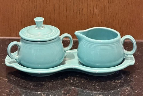 Homer Laughlin Fiestaware Turquoise Sugar & Creamer Set with Tray EUC